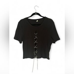 Black Crystal Rhinestone Tie Front Crop Top XXL